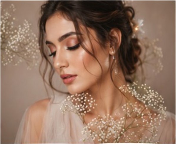 Soft editorial portrait with delicate floral details